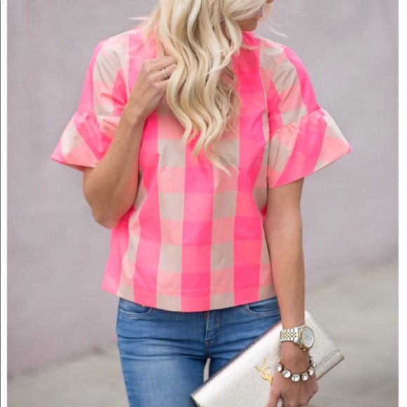 J. Crew Tops - J.Crew Neon Pink Top Blouse Shirt plaid size 6